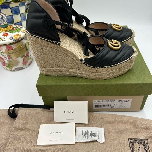 Women's Gucci GG wedge ankle tie  Espadrilles size 41 made in - Picture 2 of 11